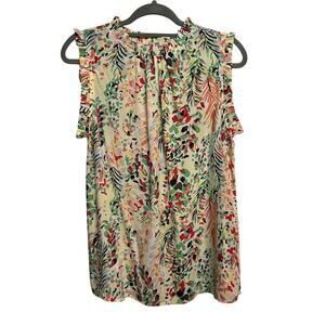 NWT Women’s Ott Sleeveless Floral Blouse Ruffle Lined Neck Button Closure Size L